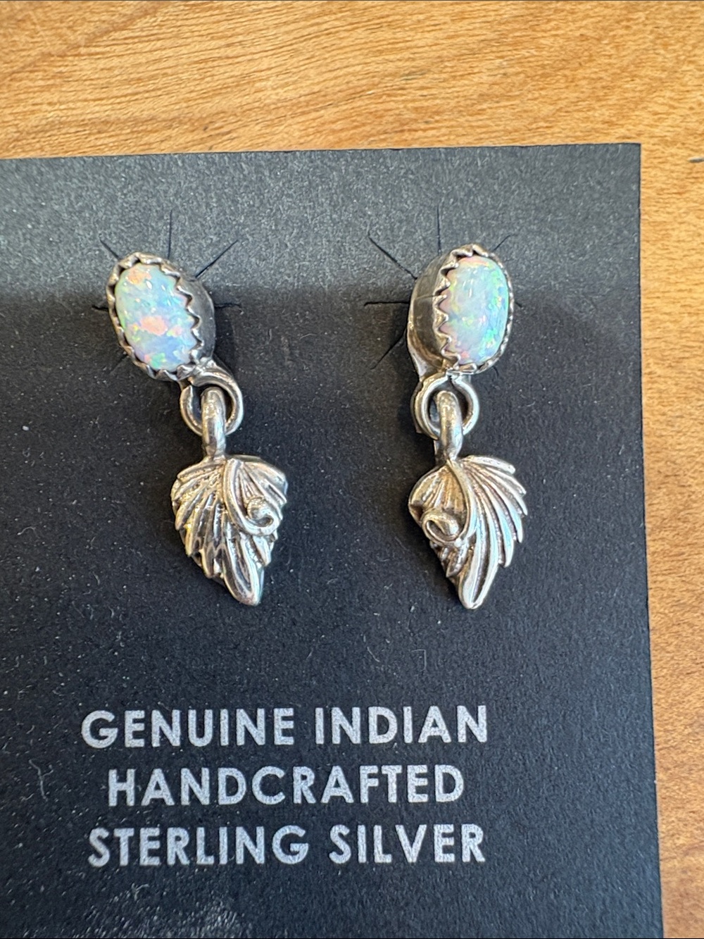 Sterling Silver Opal Drop Leaf Earrings - Handcrafted